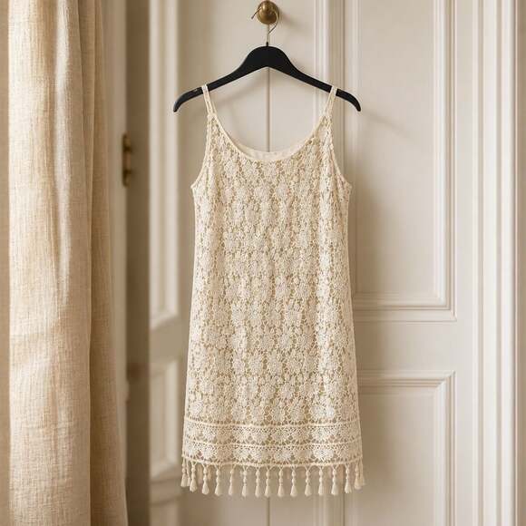Others Follow Dresses & Skirts - Others Follow Ivory Crochet Lace Tassel Slip Mini Dress #1255